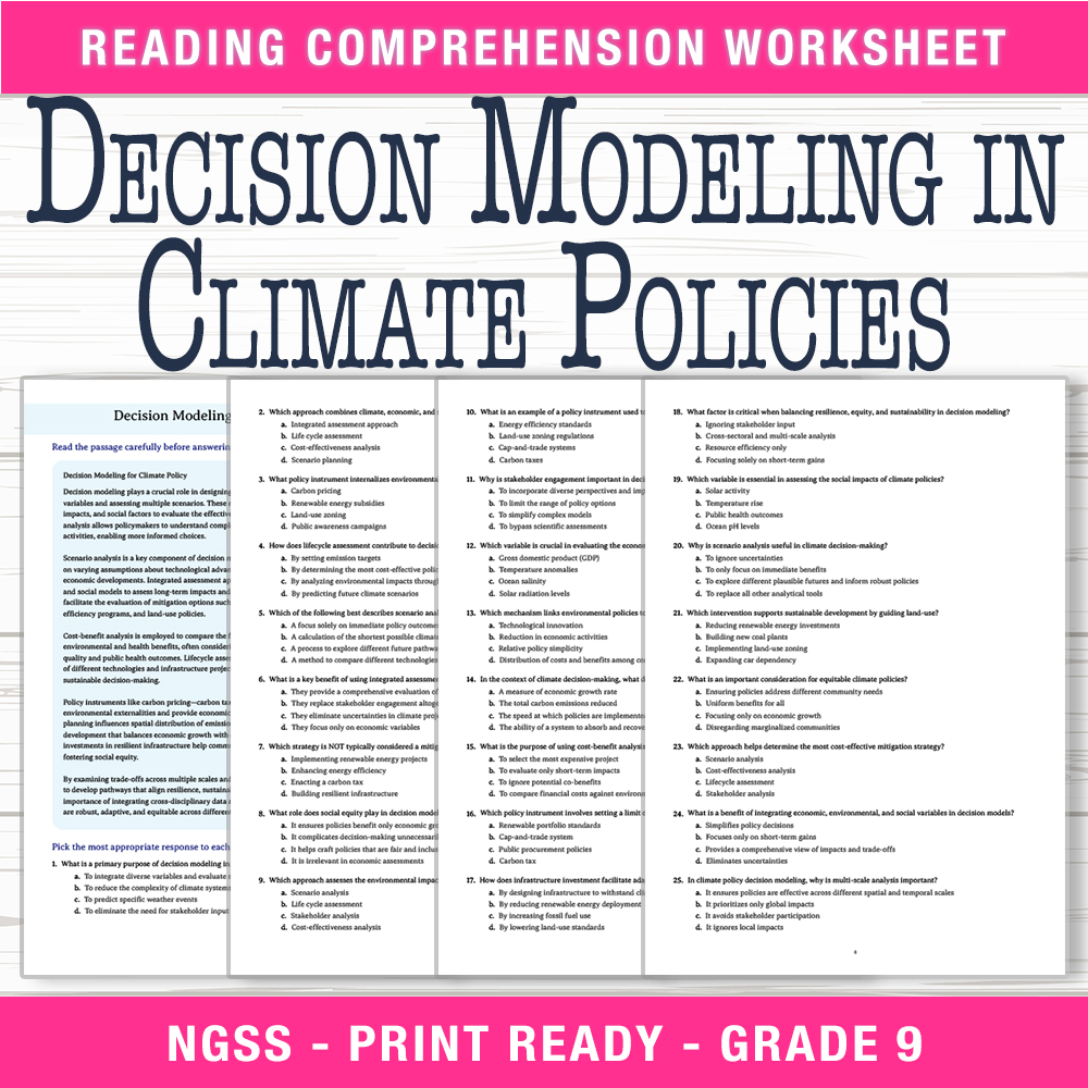 Grade 9 Science worksheet worksheet — Grade 9 Science | Decision Modeling in Climate Policies Worksheet (PDF) — page 1