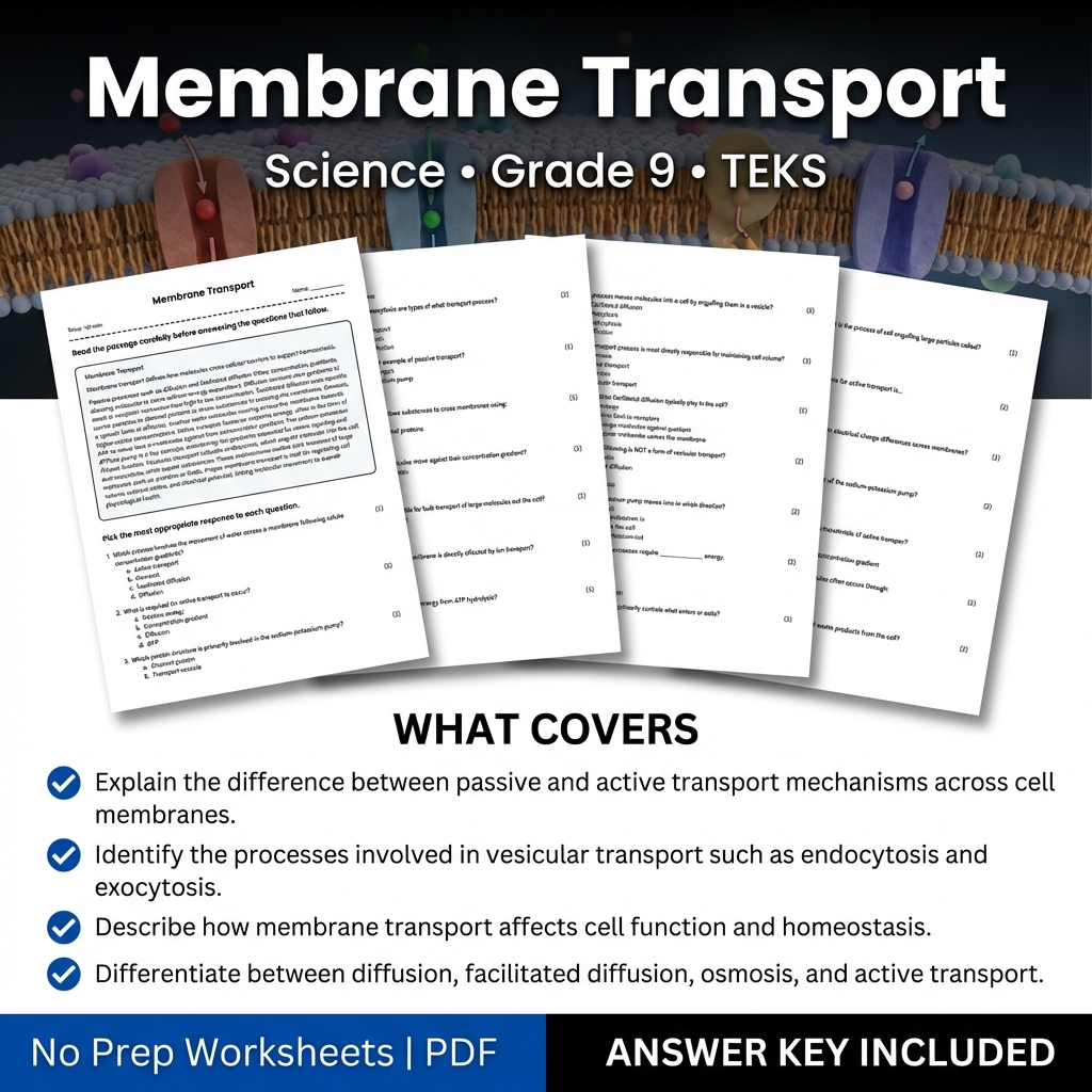 Membrane Transport Worksheet for Grade 9 Science | TEKS Standards