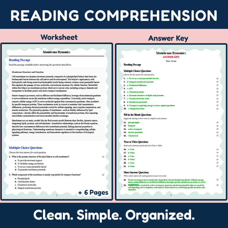 Grade 12 Science reading worksheets worksheet — 12th Grade Science | Membrane Dynamics Reading Worksheet (PDF + Answer Key…