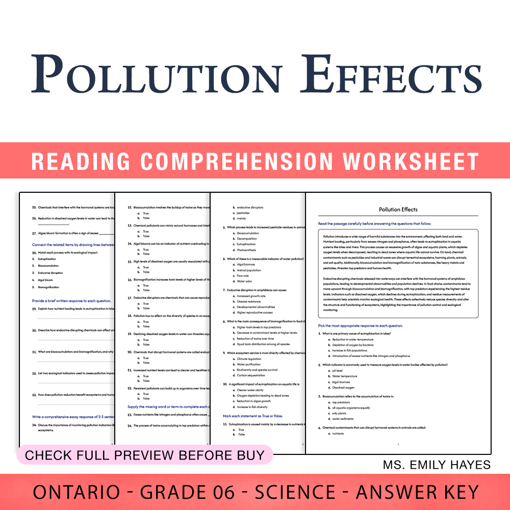 Grade 6 Science worksheet worksheet — Grade 6 Science | Pollution Effects Worksheet (PDF+ Answer Key) — page 1