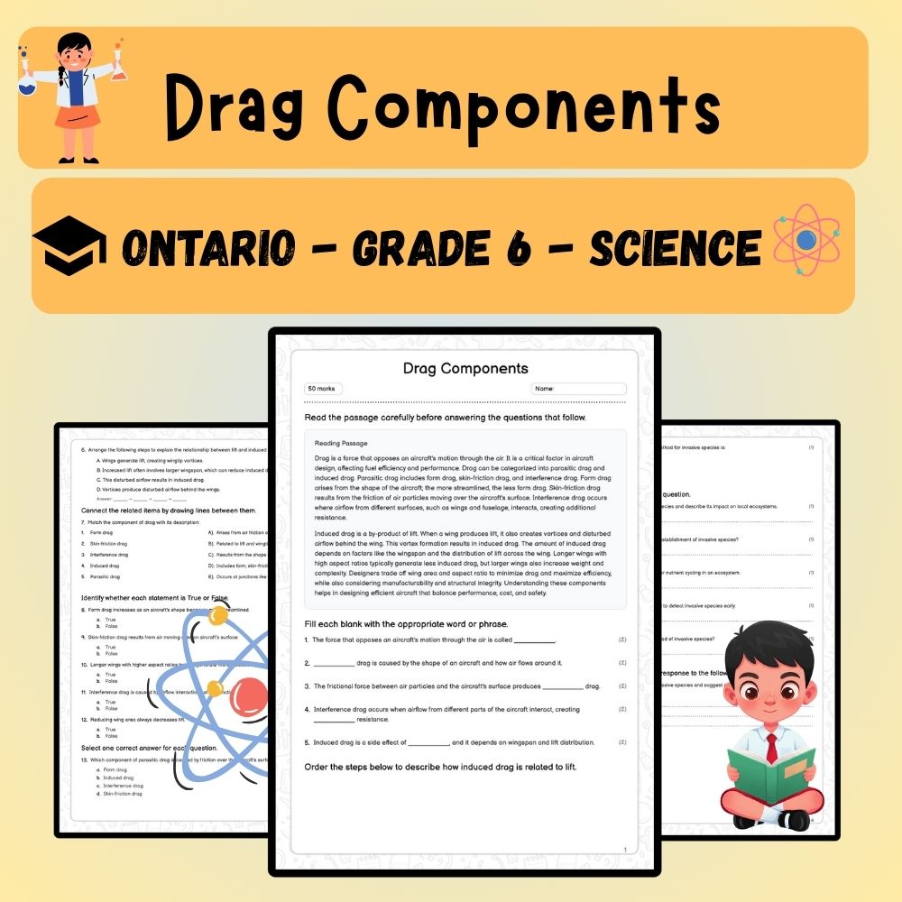 Grade 6 Science worksheet worksheet — Grade 6 Science – Drag Components Worksheet (PDF ) - Ontario Standards — page 1