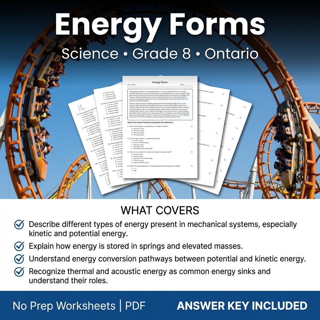 Energy Forms Worksheet for Grade 8 Science | Ontario Standards