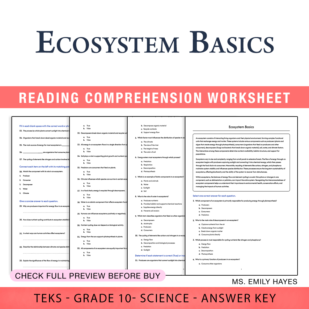 Grade 10 Science worksheet worksheet — 10th Grade Science | Ecosystem Basics Worksheet (PDF+ Answer Key) — page 1