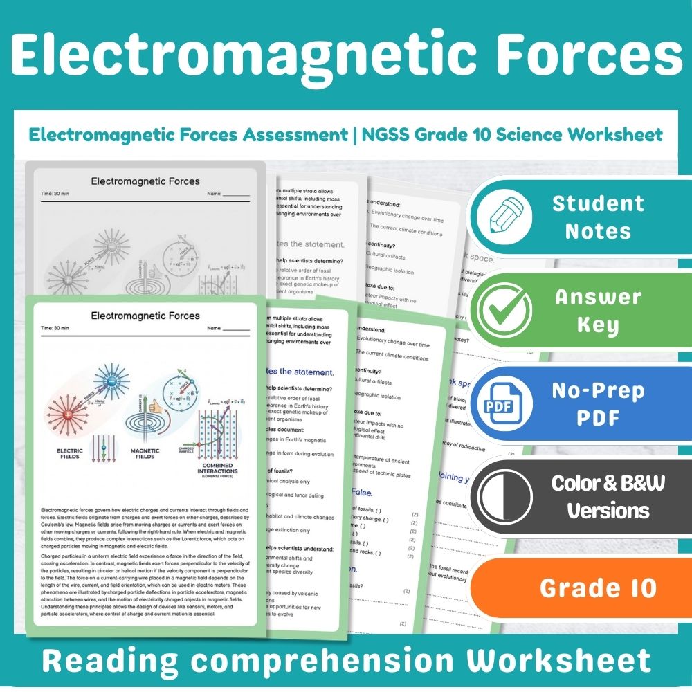 Grade 10 Science assessment worksheet — Electromagnetic Forces Assessment | NGSS Grade 10 Science Worksheet