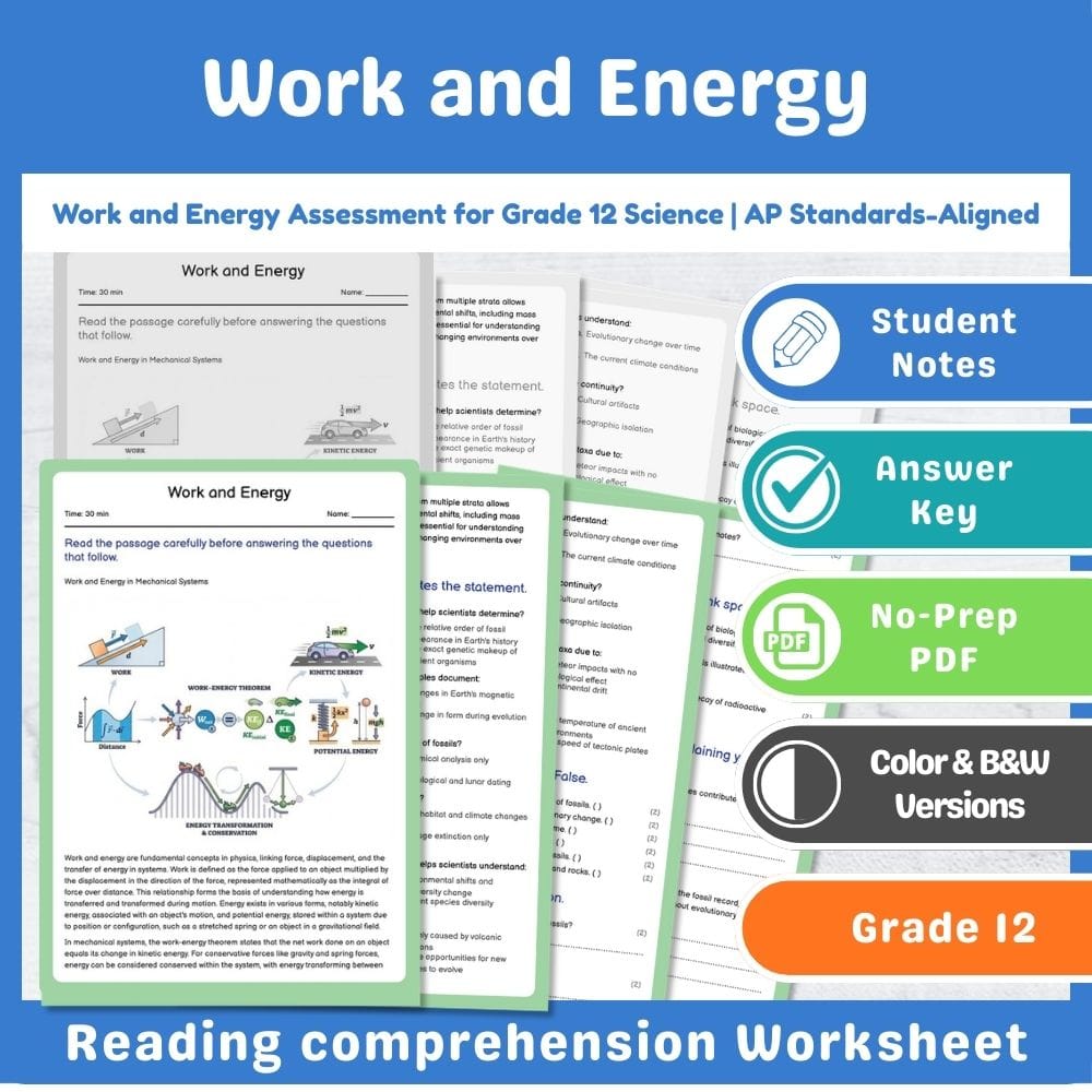 Grade 12 Science assessment worksheet — Work and Energy Assessment for Grade 12 Science | AP Standards-Aligned — page 1