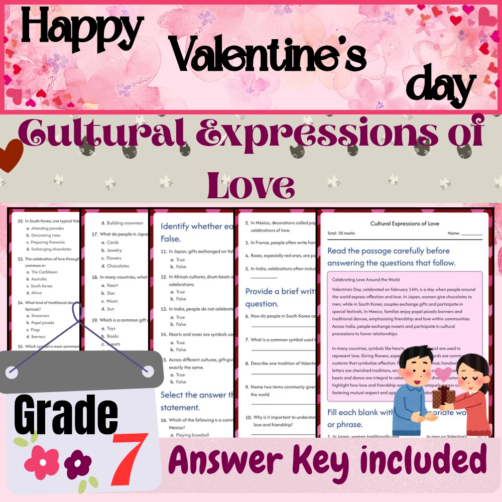 Grade 7 Seasonal Learning Unit |Valentine’s Day Culture & Symbols Worksheet Pack — included worksheet 3