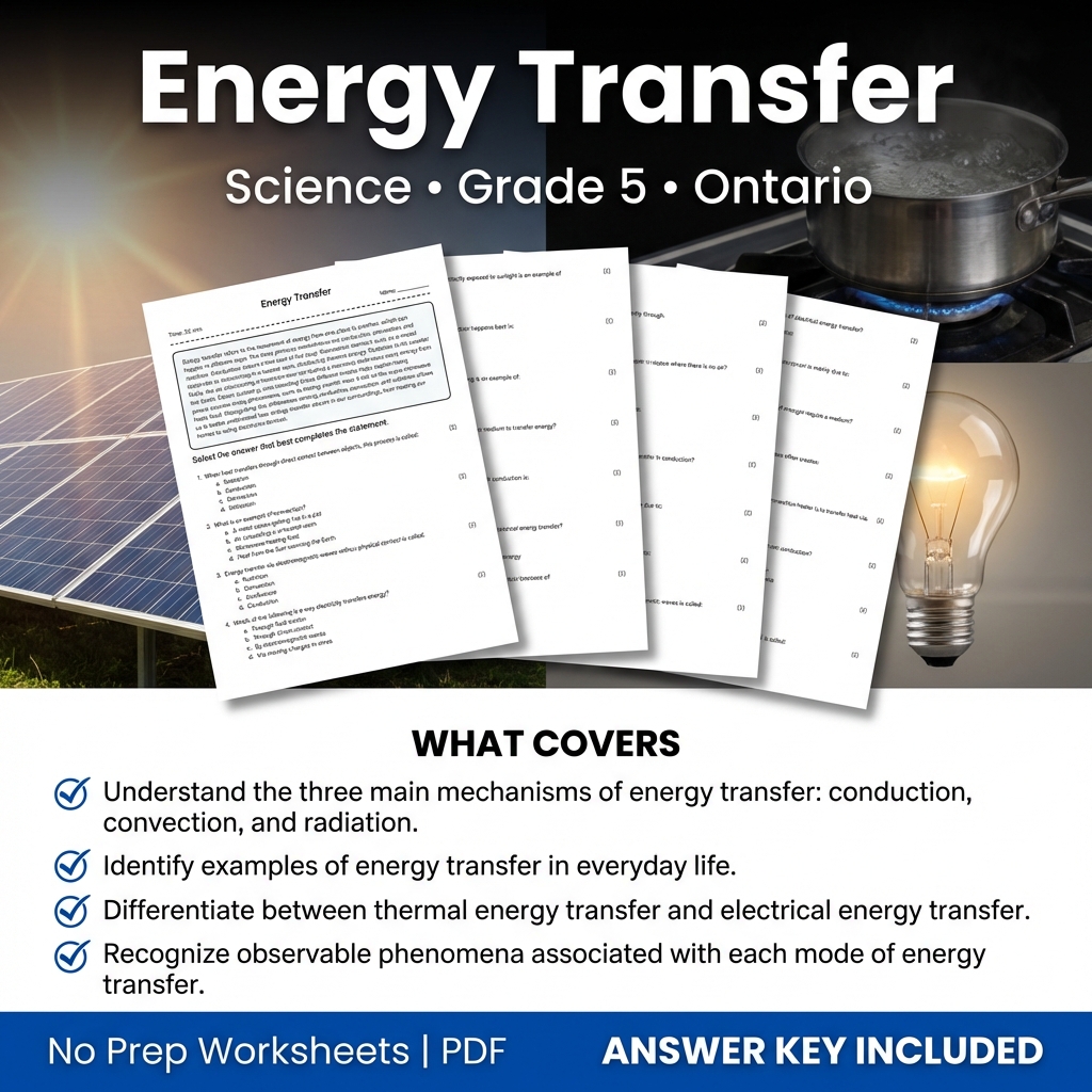 Energy Transfer Worksheet Grade 5 Science aligned with Ontario standards