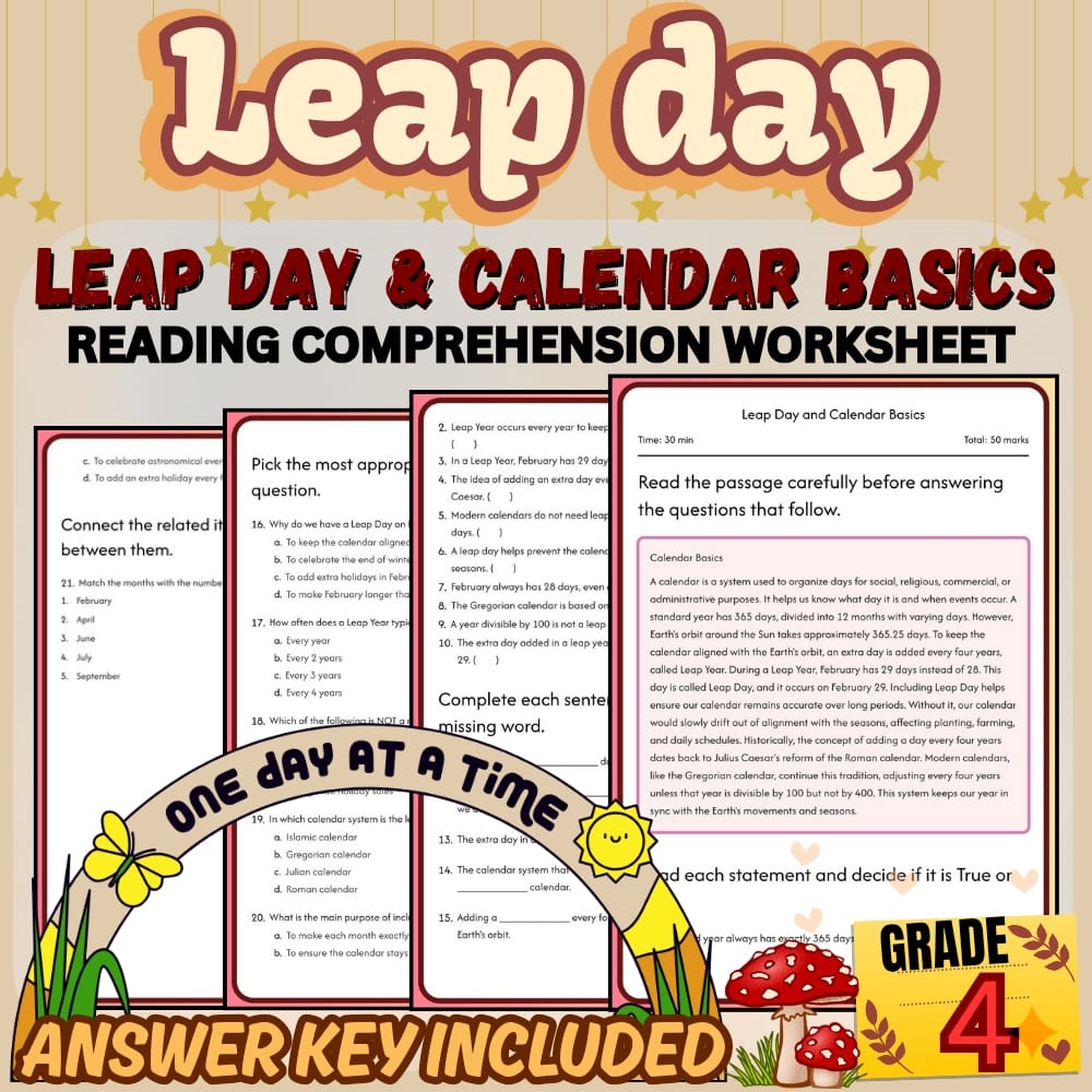 Grade 4 Holiday Leap Day Worksheet Bundle | February Calendar & History — included worksheet 3