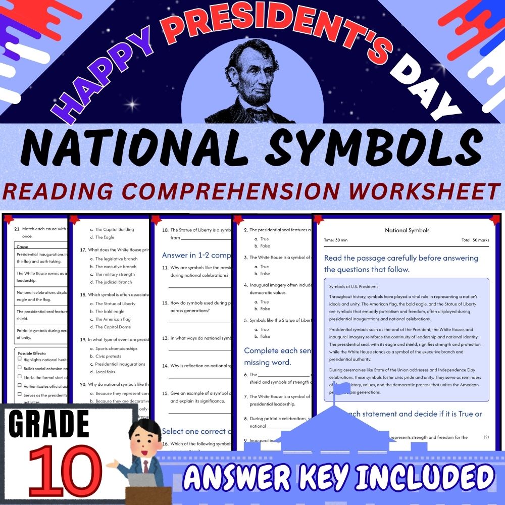 Grade 10 | Presidents Day Symbols Worksheet for Mastery | PDF + Answer Key