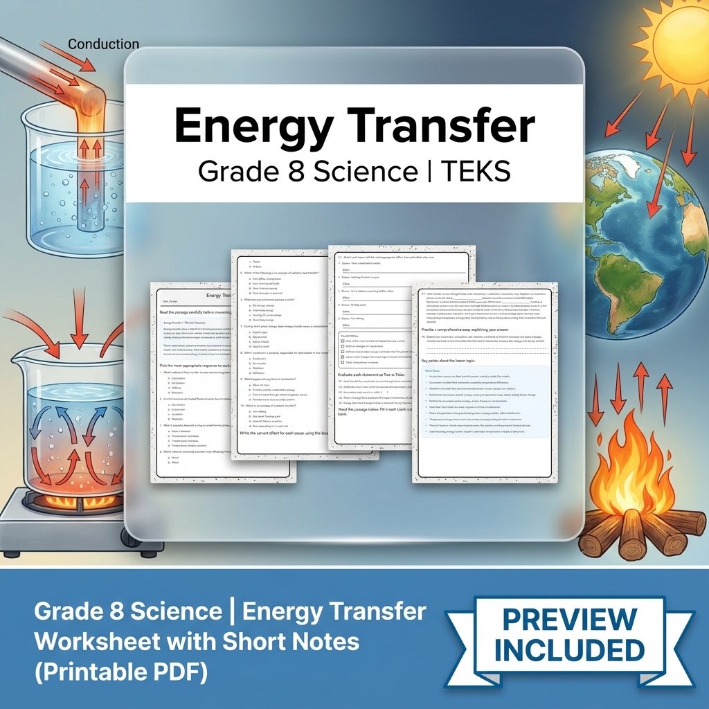 Grade 8 Science | Energy Transfer Worksheet with Short Notes (Printable PDF)