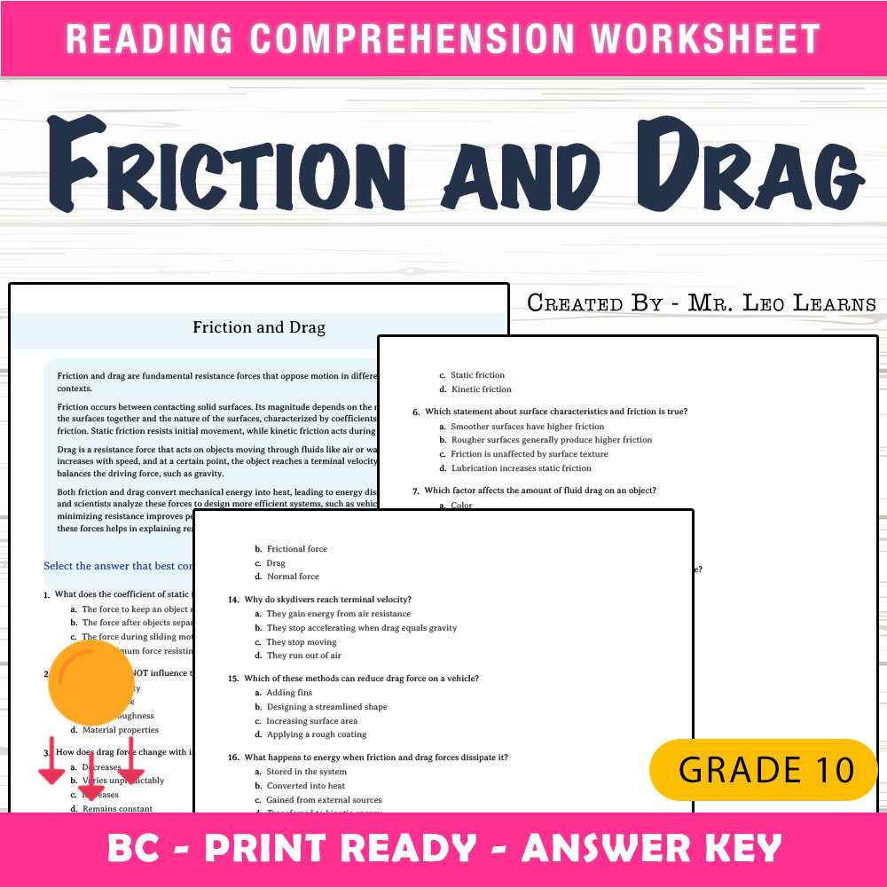 Grade 10 Science worksheet mcq paper worksheet — Grade 10 Science — Friction and Drag Worksheet MCQ Practice — page 1