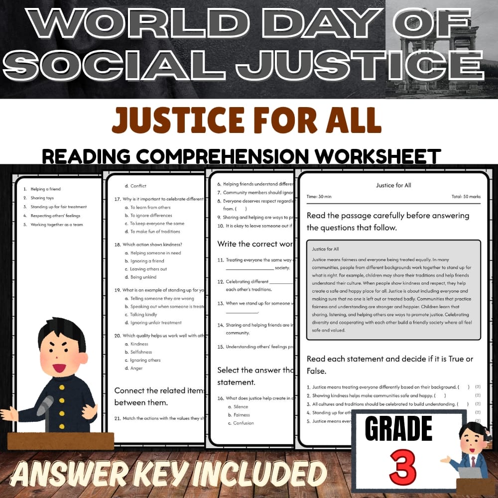 Grade 3 Holiday Word Day of Social Justice Worksheet for Mastery |PDF+Answer Key