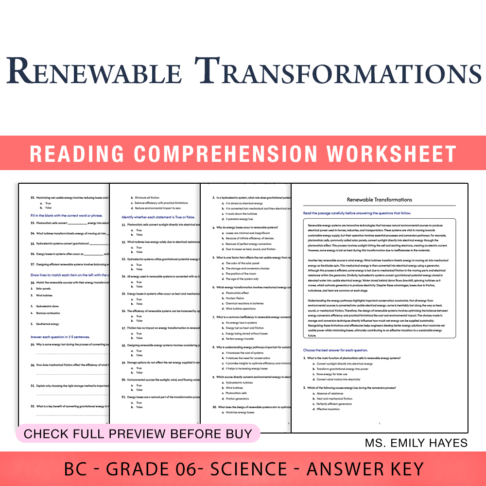 Grade 6 Science worksheet worksheet — 6th Grade Science | Renewable Transformations Worksheet (PDF+ Answer Key) — page 1