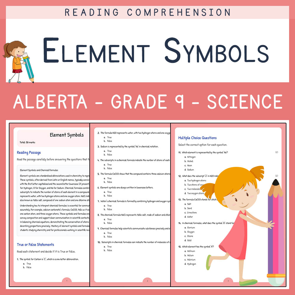 Grade 9 Science worksheet elena worksheet — Grade 9 Science | Element Symbols Worksheet | Alberta Standards — page 1