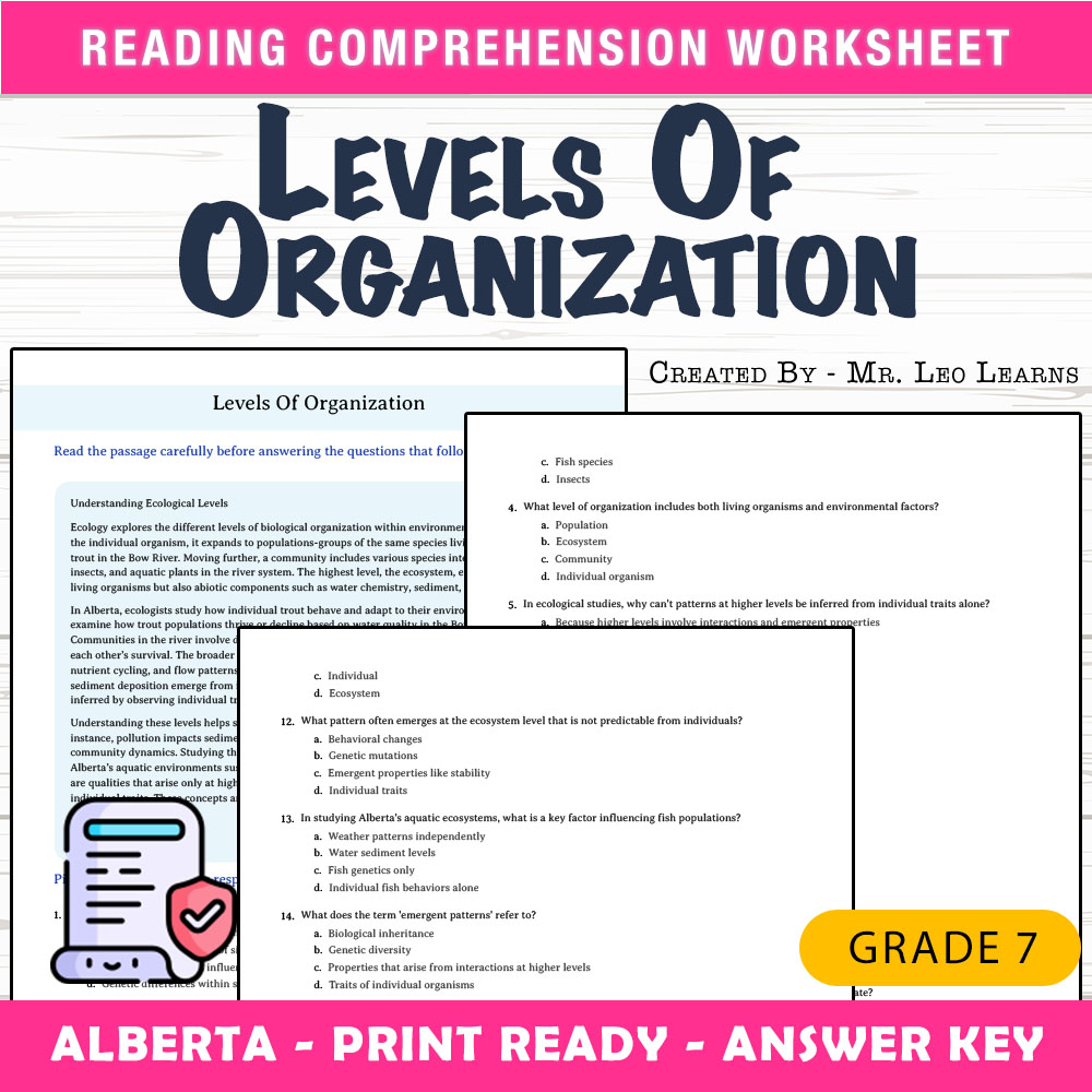 Grade 7 Science worksheet mcq paper worksheet — Grade 7 Science — Levels Of Organization Worksheet MCQ Paper — page 1