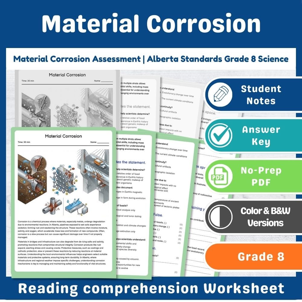 Grade 8 Science assessment worksheet — Material Corrosion Assessment | Alberta Standards Grade 8 Science — page 1
