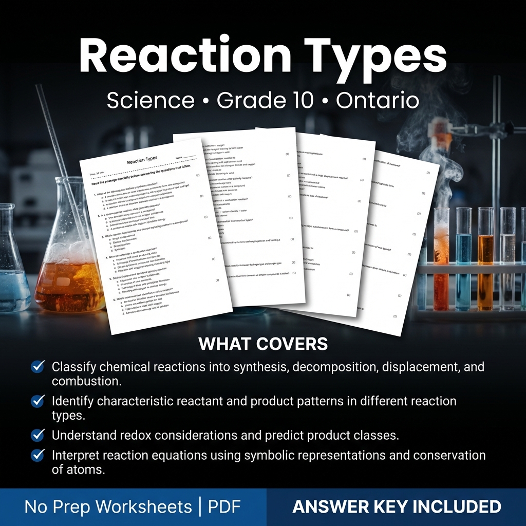 Reaction Types Worksheet for Grade 10 Science | Ontario Standards