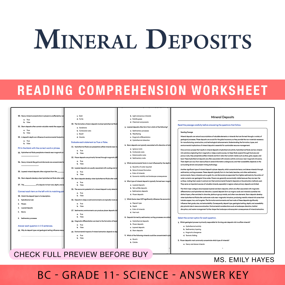 Grade 11 Science worksheet worksheet — 11th Grade Science | Mineral Deposits Worksheet (PDF + Answer Key) — page 1