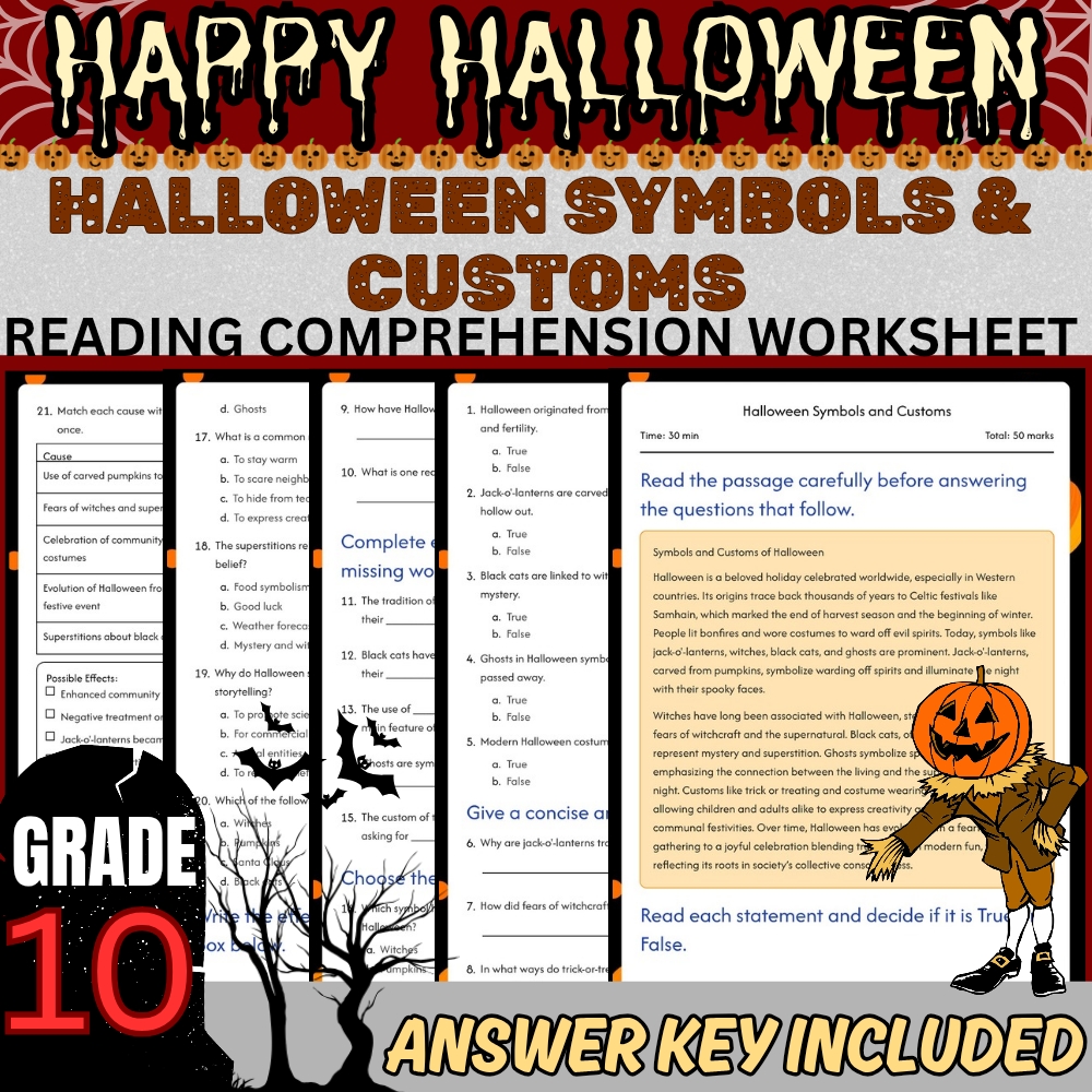 Grade 10 Seasonal halloween day worksheet — Grade 10| Halloween Day Worksheet for Mastering Symbols & Customs|PDF+Answer K…