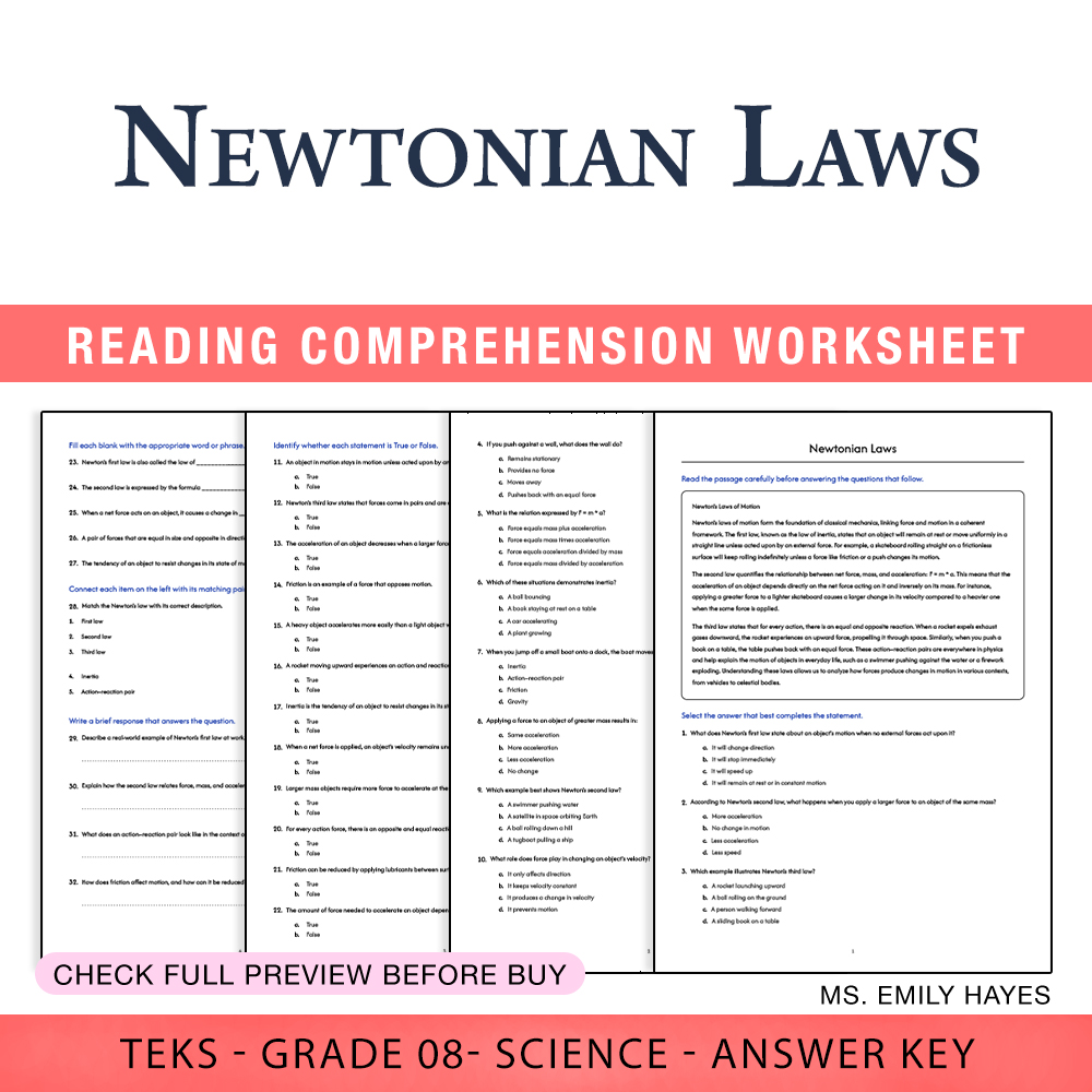 Grade 8 Science worksheet worksheet — 8th Grade Science | Newtonian Laws Worksheet (PDF+ Answer Key) — page 1