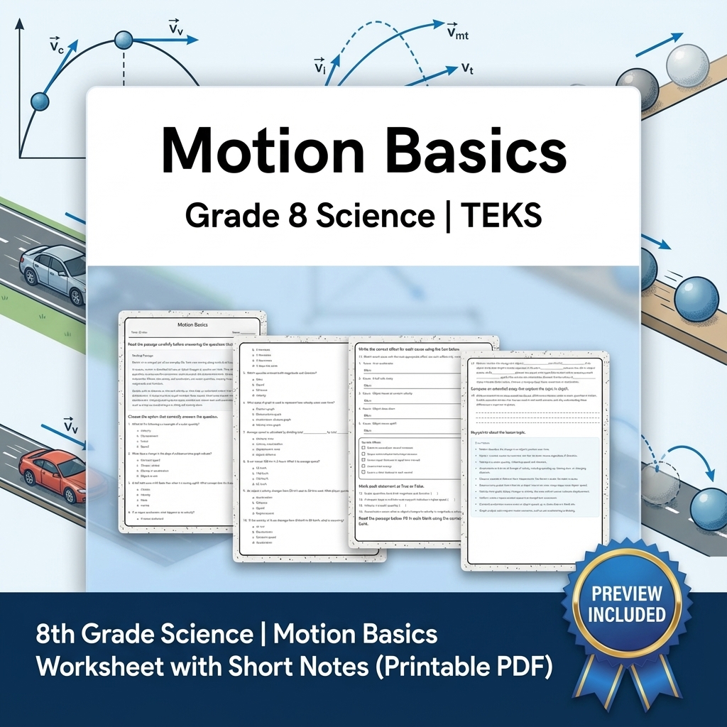 8th Grade Science | Motion Basics Worksheet with Short Notes (Printable PDF)