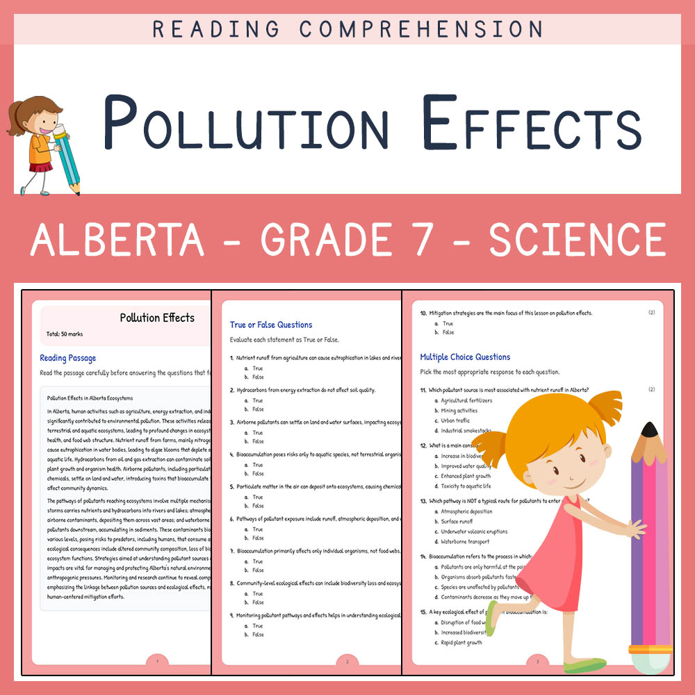 Grade 7 Science worksheet elena worksheet — Grade 7 Science Assessment | Pollution Effects Worksheet | Alberta — page 1
