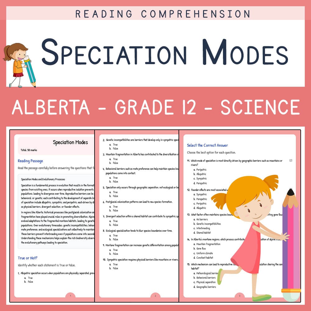 Grade 12 Science worksheet elena worksheet — Grade 12 Science | Speciation Modes Worksheet Elena | Alberta Standards — page 1