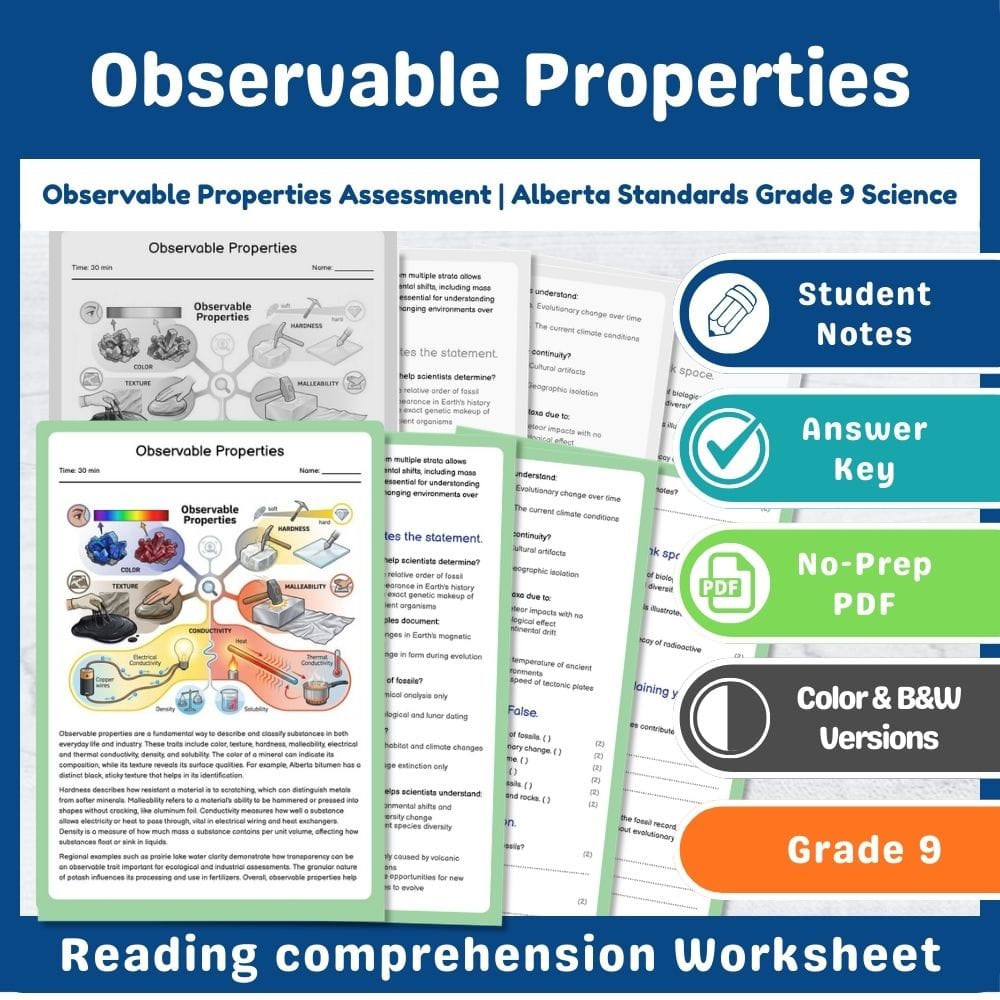 Grade 9 Science assessment worksheet — Observable Properties Assessment | Alberta Standards Grade 9 Science — page 1