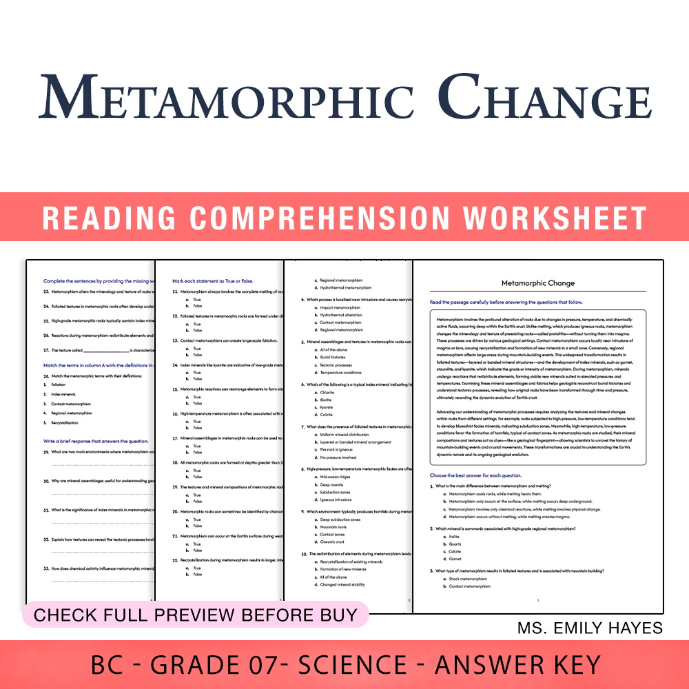 Grade 7 Science worksheet worksheet — 7th Grade Science | Metamorphic Change Worksheet (PDF+ Answer Key) — page 1