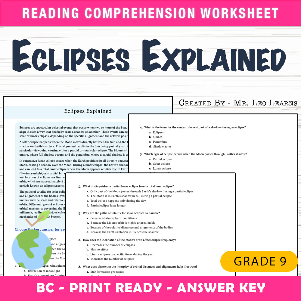 Grade 9 Science worksheet mcq paper worksheet — Grade 9 Science — Eclipses Explained Worksheet MCQ Paper for Mastery — page 1