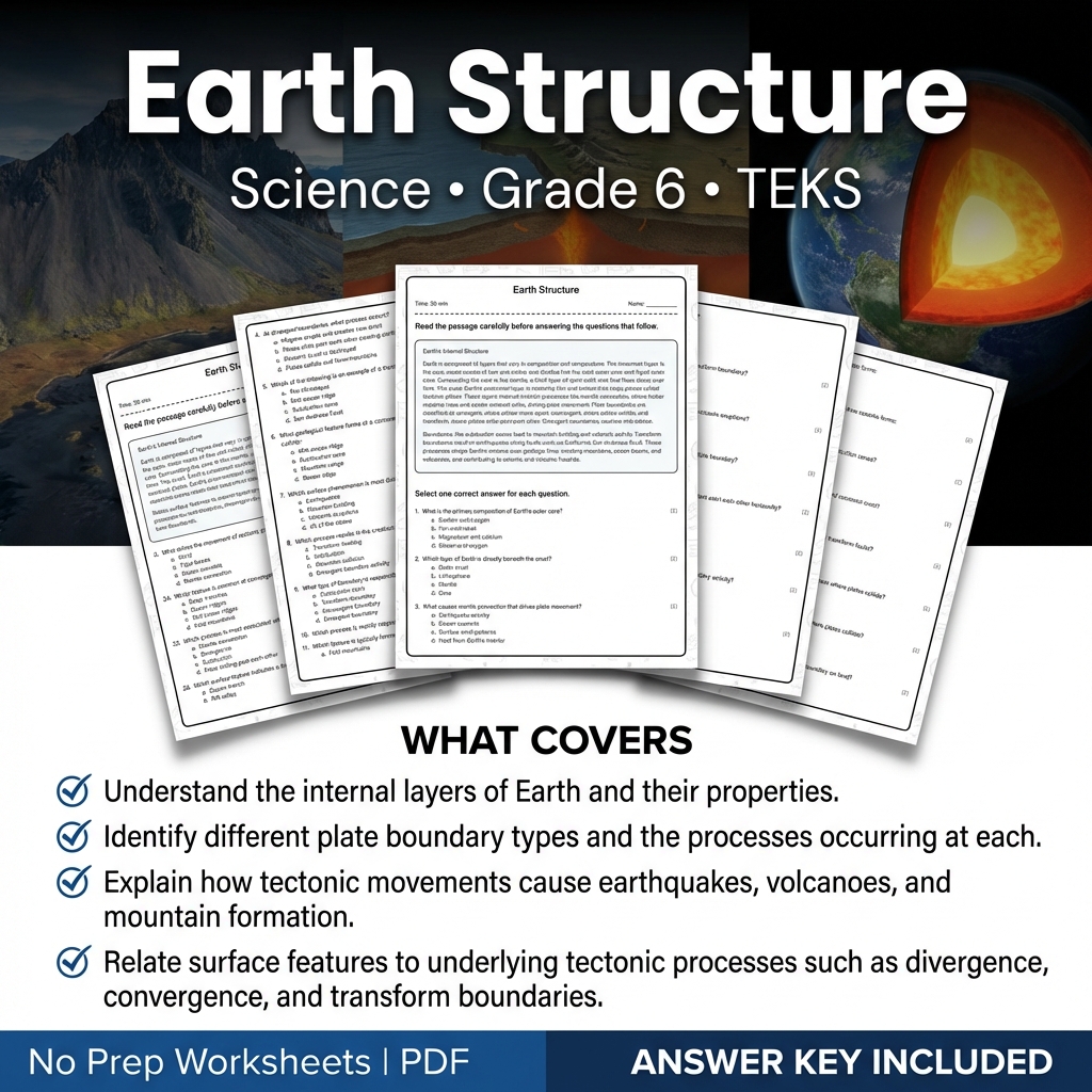 Earth Structure Worksheet for Grade 6 Science | TEKS-Aligned Practice