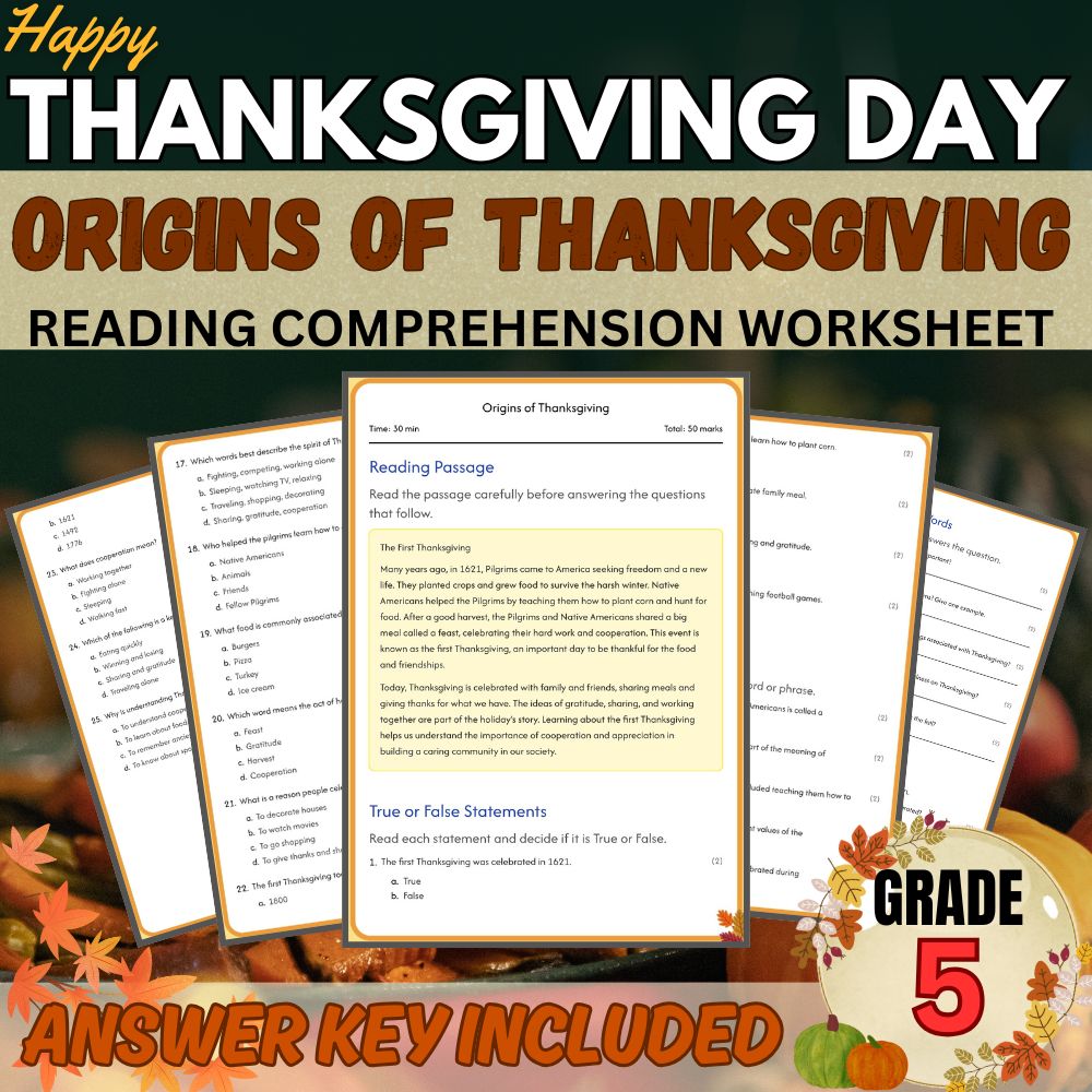 Grade 5 Seasonal Worksheets Bundle| Thanksgiving & Harvest Traditions Activities — included worksheet 4