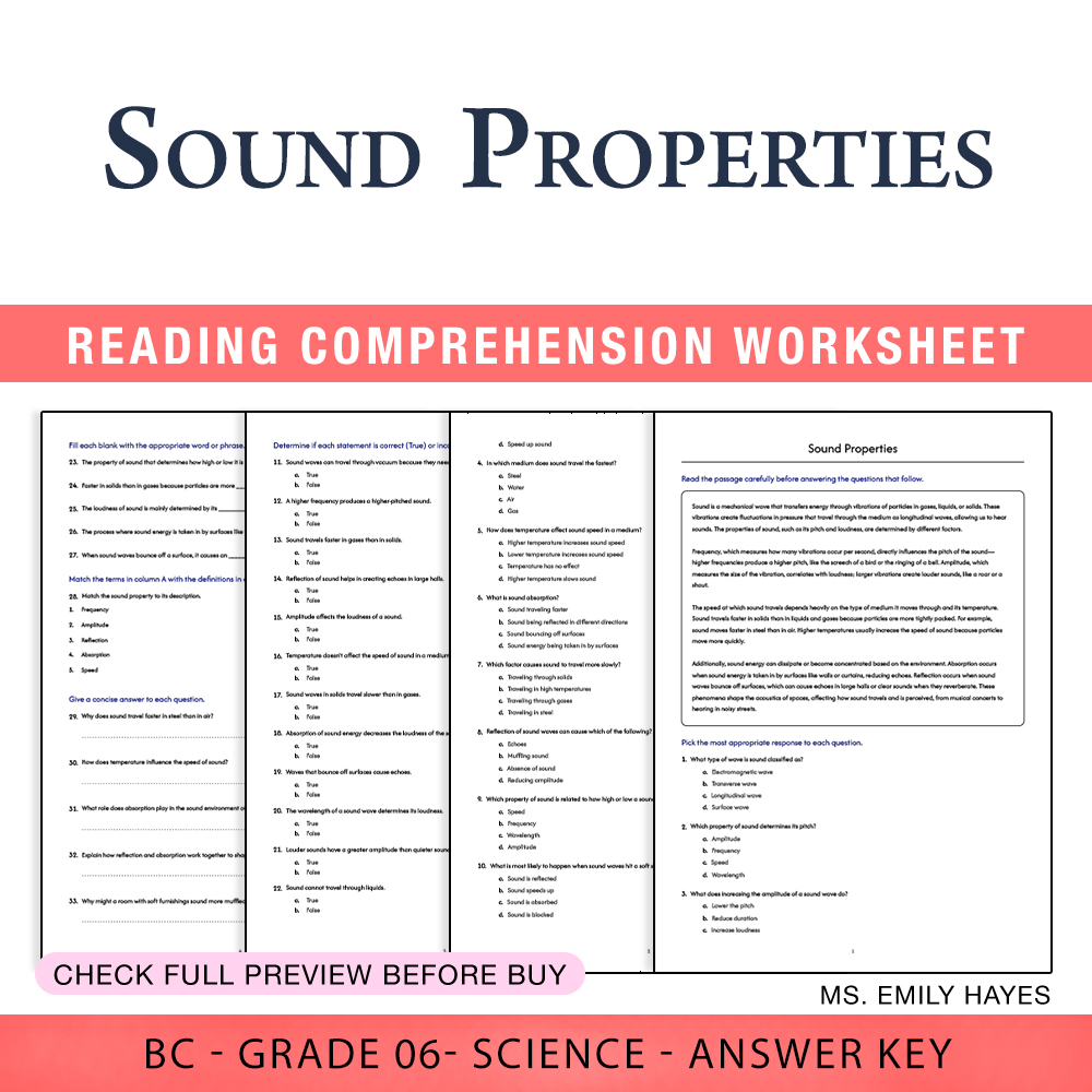 Grade 6 Science worksheet worksheet — 6th Grade Science | Sound Properties Worksheet (PDF+ Answer Key) — page 1