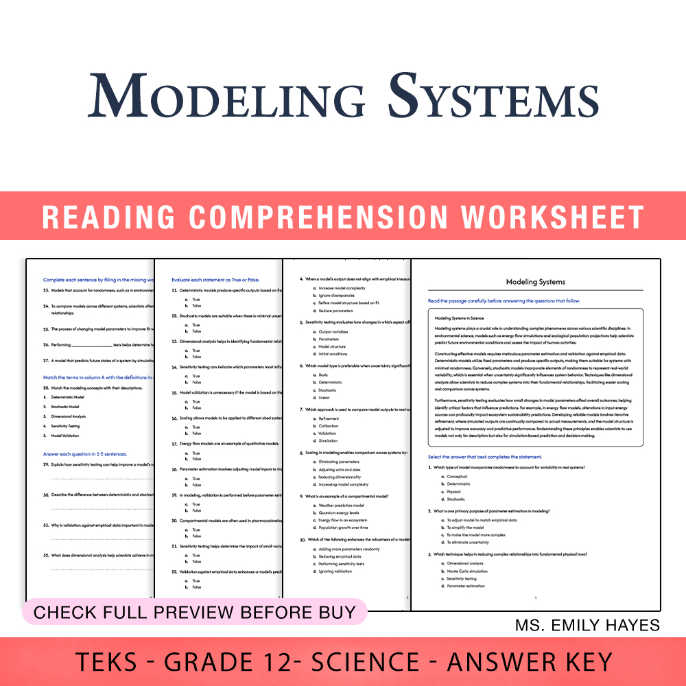 Grade 12 Science worksheet worksheet — Grade 12 Science | Modeling Systems Worksheet (PDF+ Answer Key) — page 1
