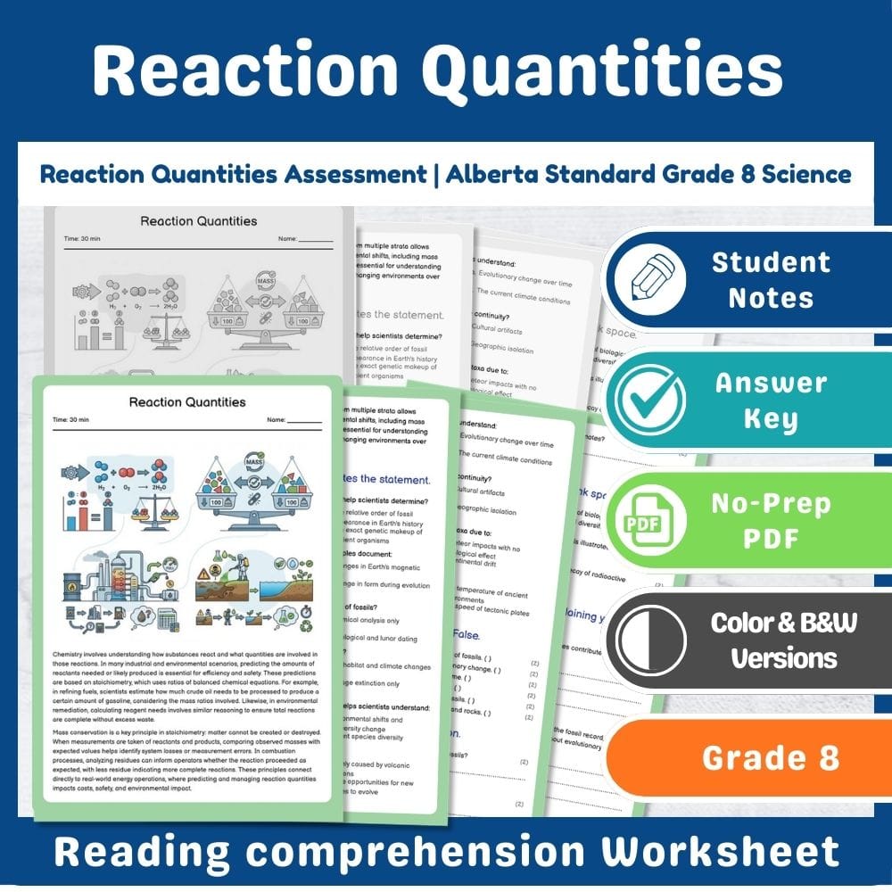 Grade 8 Science assessment worksheet — Reaction Quantities Assessment | Alberta Standard Grade 8 Science — page 1