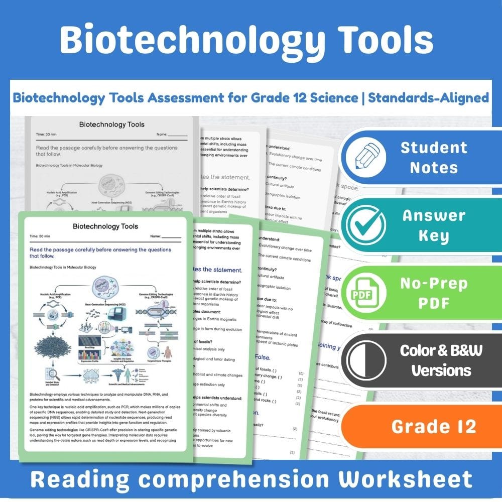 Grade 12 Science assessment worksheet — Biotechnology Tools Assessment for Grade 12 Science | Standards-Aligned — page 1