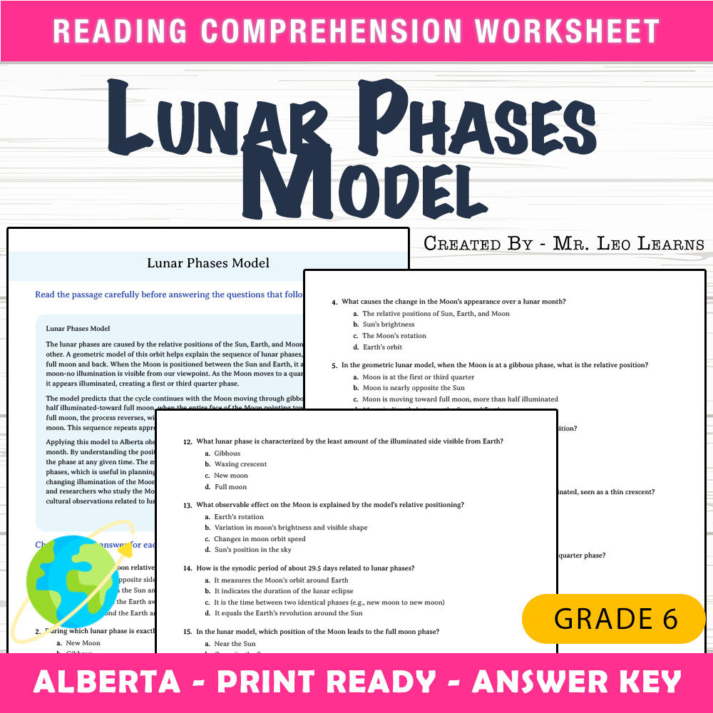 Grade 6 Science worksheet mcq paper worksheet — Grade 6 Science — Lunar Phases Model Worksheet for Mastery — page 1