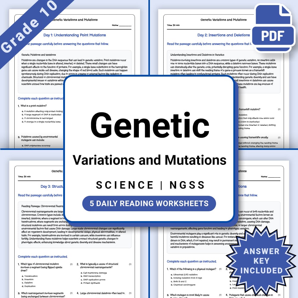 Grade 10 Science daily reading worksheet worksheet — Grade 10 Science – Genetic Variations and Mutations Worksheet (PDF +A…