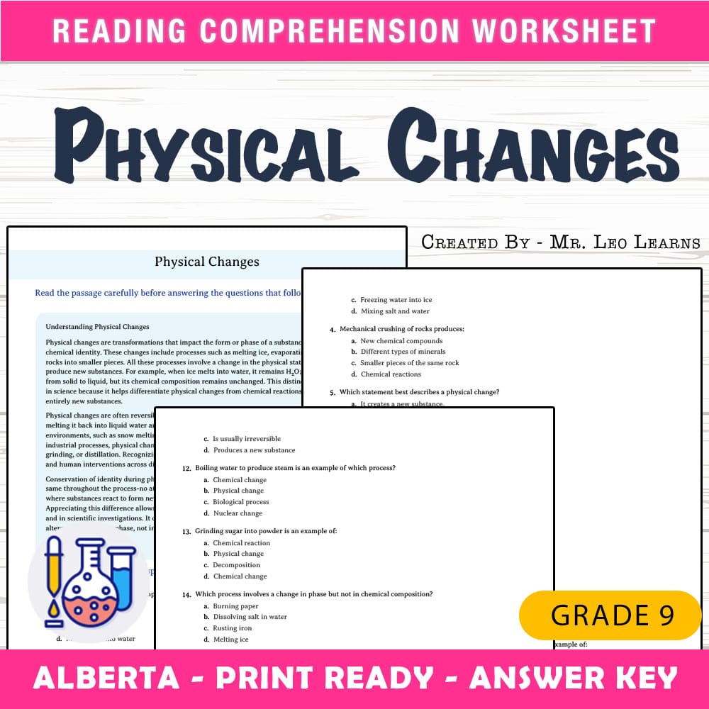 Grade 9 Science worksheet mcq paper worksheet — Grade 9 Science — Worksheet MCQ Paper for Mastering Physical Changes — page 1