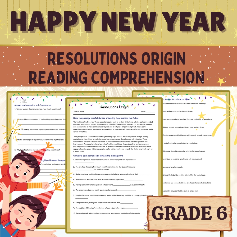 Grade 6 Seasonal | Origins of Resolutions Worksheet 