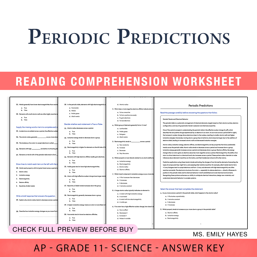 Grade 11 Science worksheet worksheet — Grade 11 Science | Periodic Predictions Worksheet (PDF+ Answer Key) — page 1
