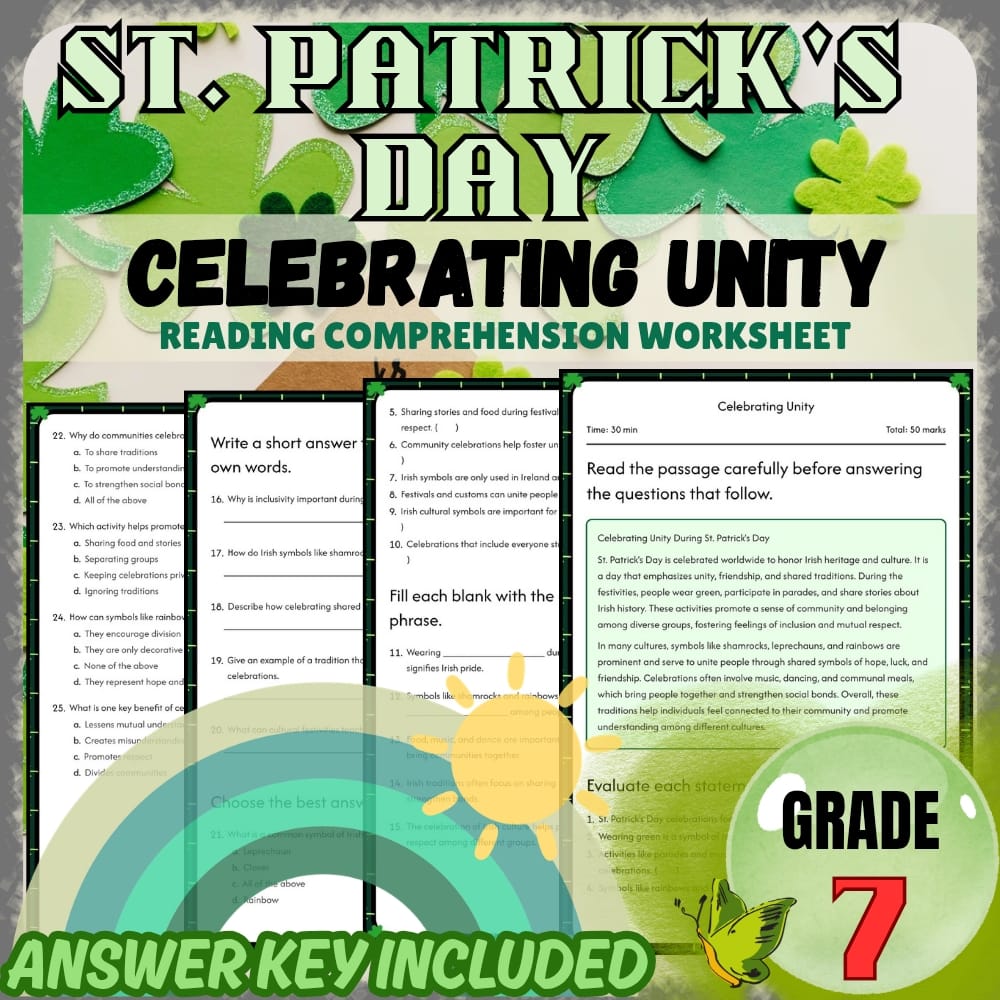 Grade 7 Holiday Bundle | St. Patrick's Day Cultural Traditions and Irish Legends — included worksheet 4