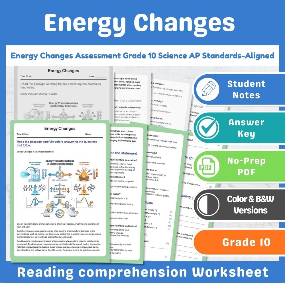 Grade 10 Science assessment worksheet — Energy Changes Assessment Grade 10 Science AP Standards-Aligned — page 1