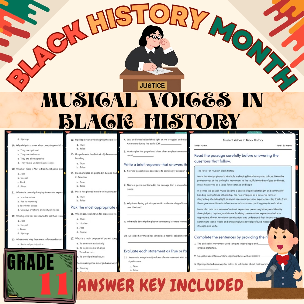 Grade 11Black Friday Worksheet |Musical Voices in Black History PDF + Answer Key