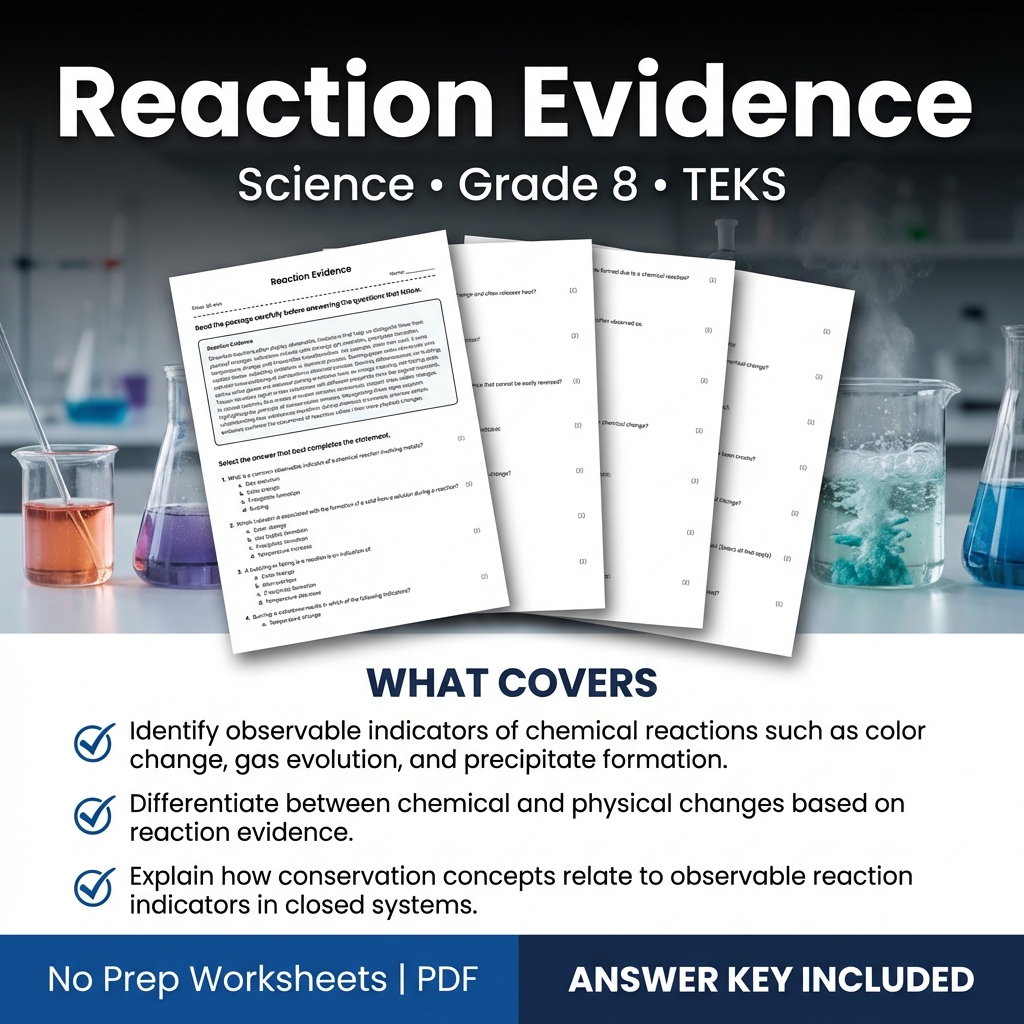 Reaction Evidence Worksheet | TEKS Grade 8 Science Assessment