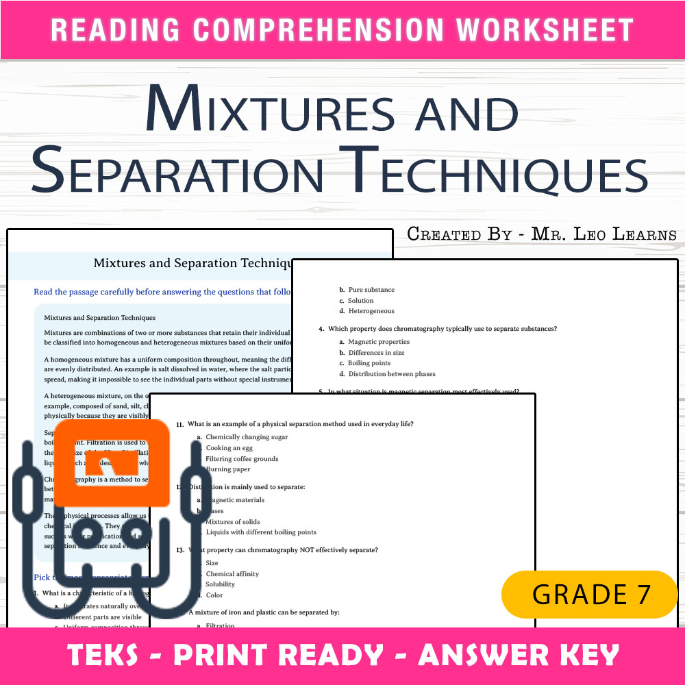 Grade 7 Science worksheet worksheet — Grade 7 Science — Mixtures & Separation Techniques Worksheet — page 1