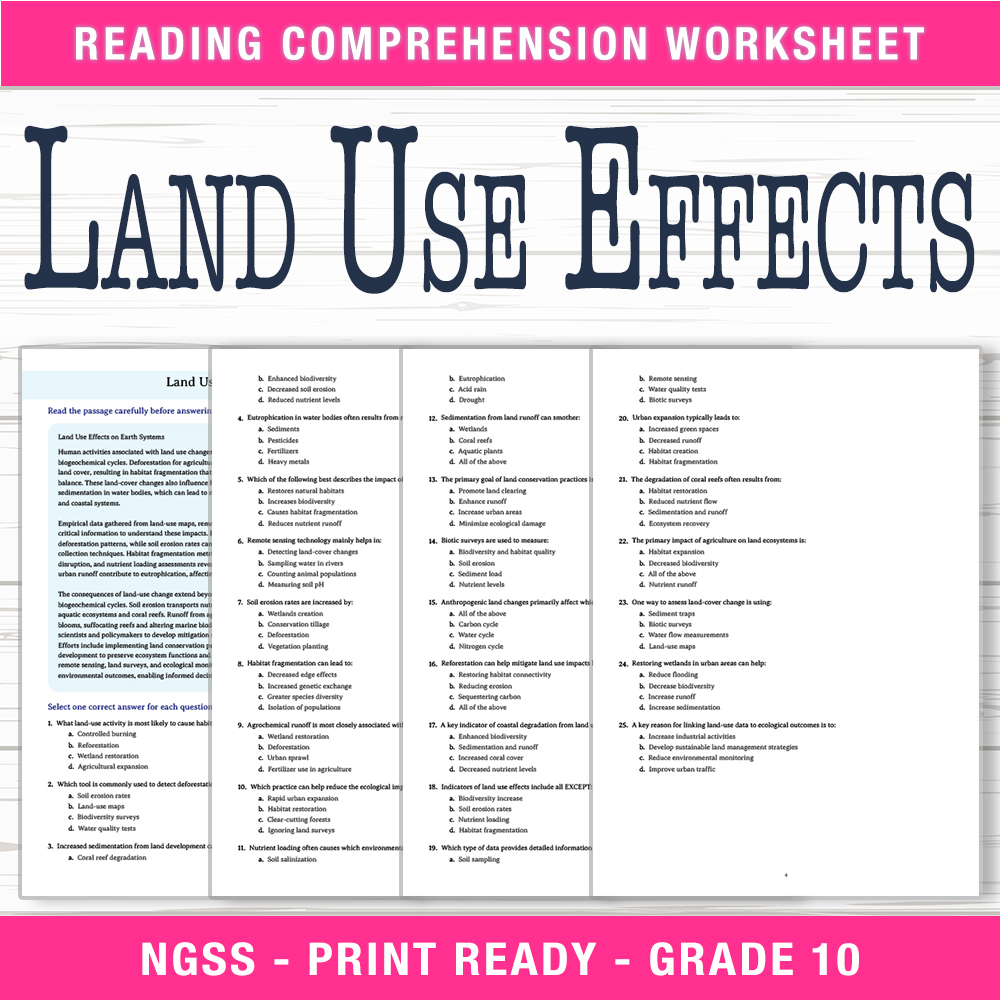 Grade 10 Science worksheet worksheet — Grade 10 Science – Land Use Effects Worksheet (PDF + Answer Key) — page 1