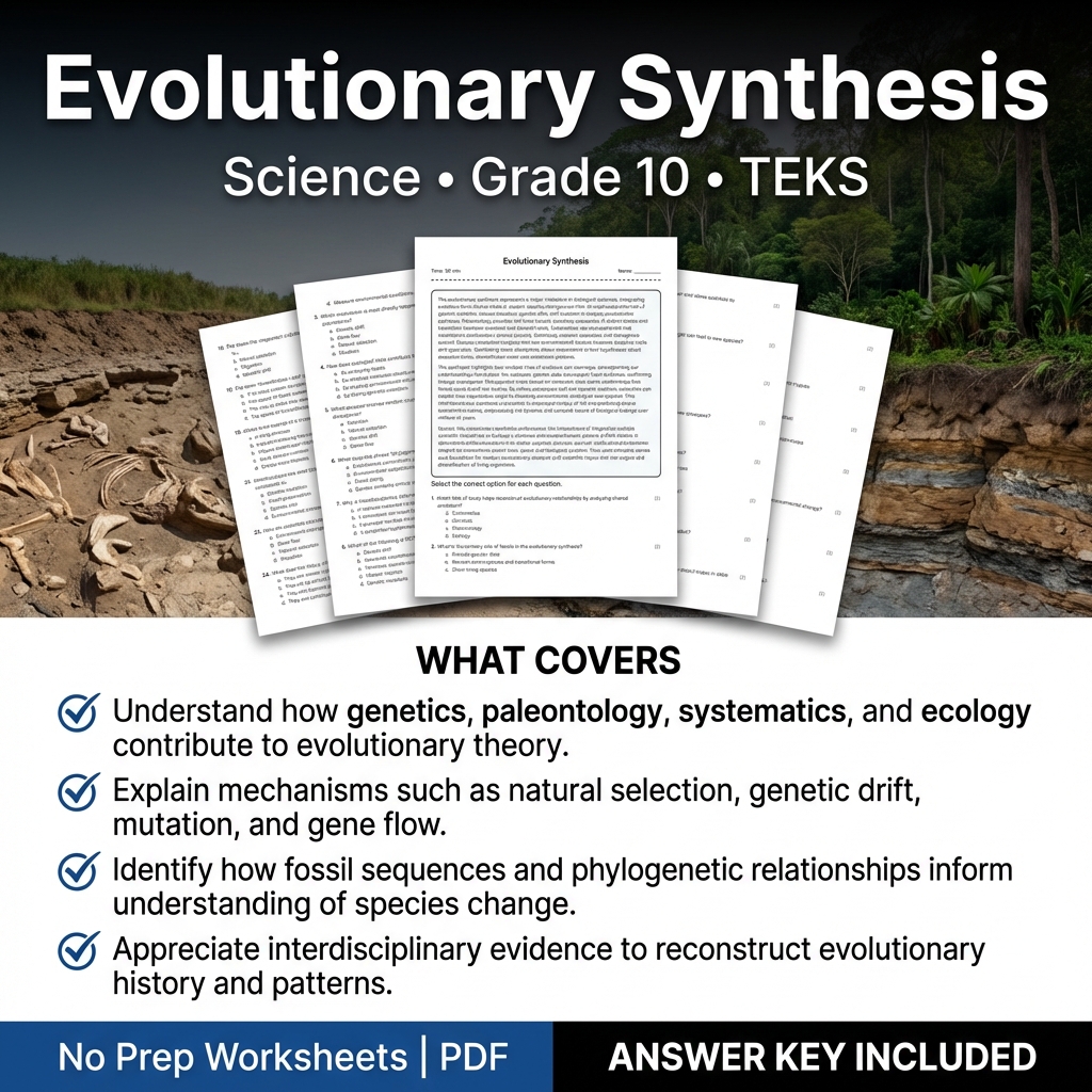 Evolutionary Synthesis Worksheet for Grade 10 Science | TEKS-Aligned Practice
