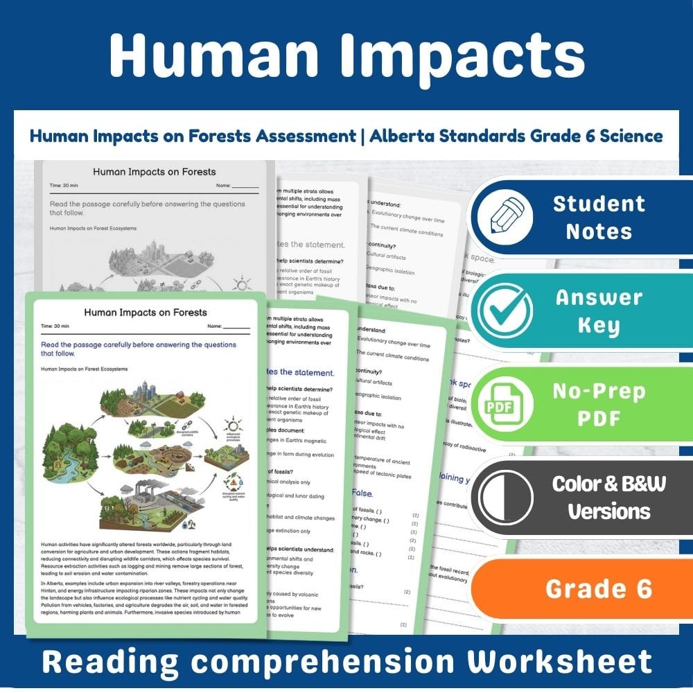 Grade 6 Science assessment worksheet — Human Impacts on Forests Assessment | Alberta Standards Grade 6 Science — page 1