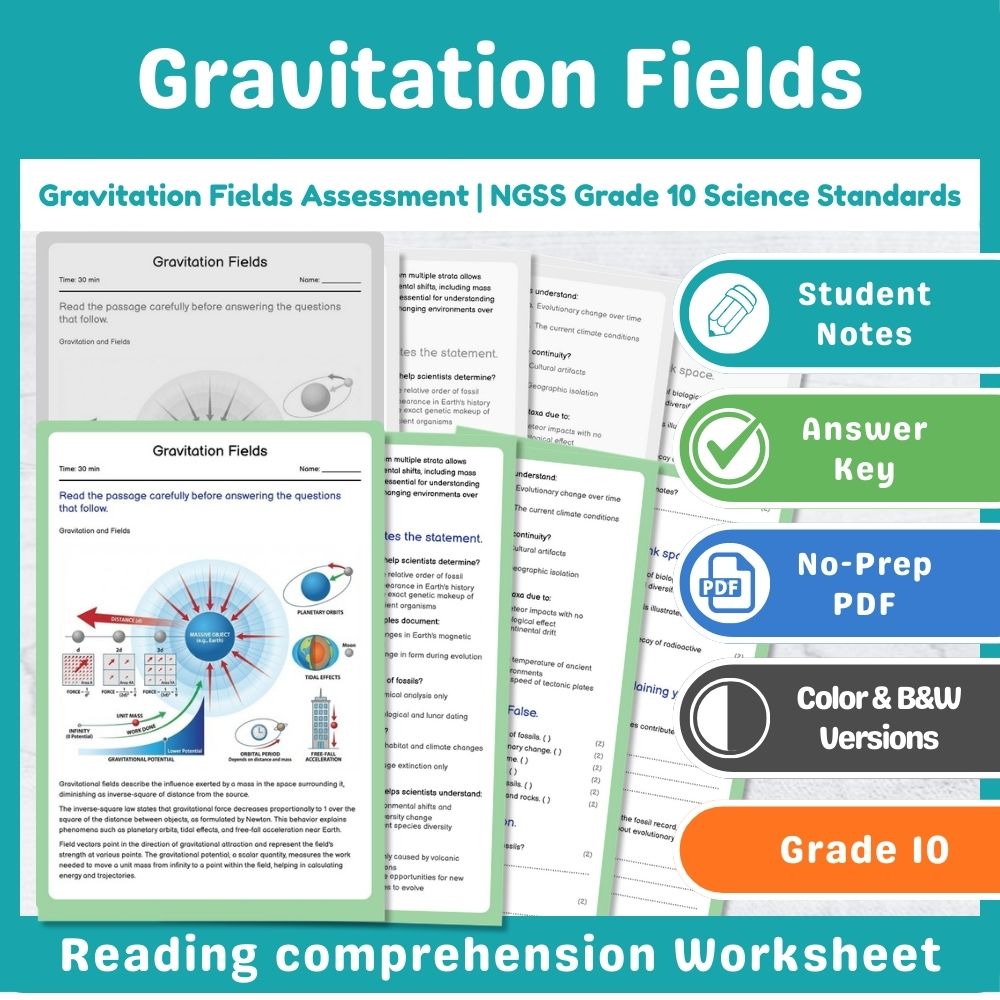 Grade 10 Science assessment worksheet — Gravitation Fields Assessment | NGSS Grade 10 Science Standards